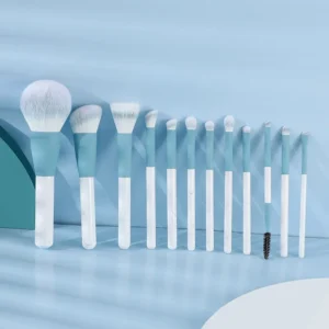 12-Pcs Makeup Brush Set – Soft Blue & White Bristles, Professional Face & Eye Brush Kit