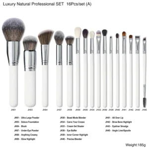 16-Pcs Professional Makeup Brush Set – White Handle, Natural Animal Hair & Synthetic Blend
